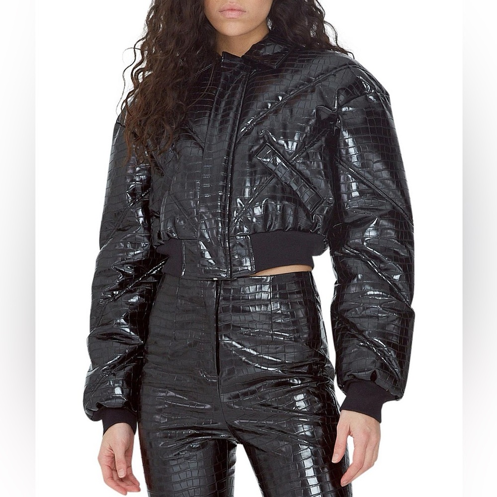 Sleek Black Embossed Bomber Jacket